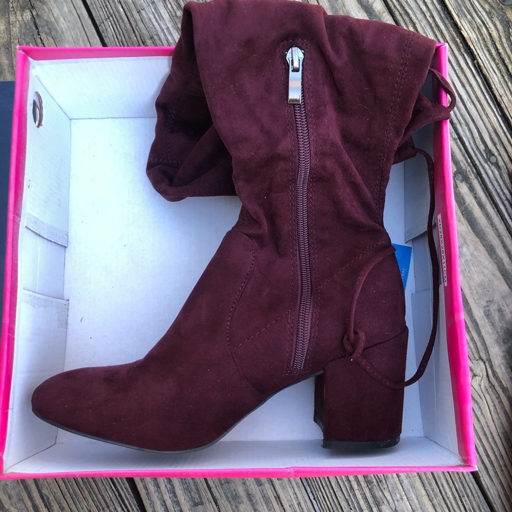 Burgundy/ Plum color, suede above knee boots